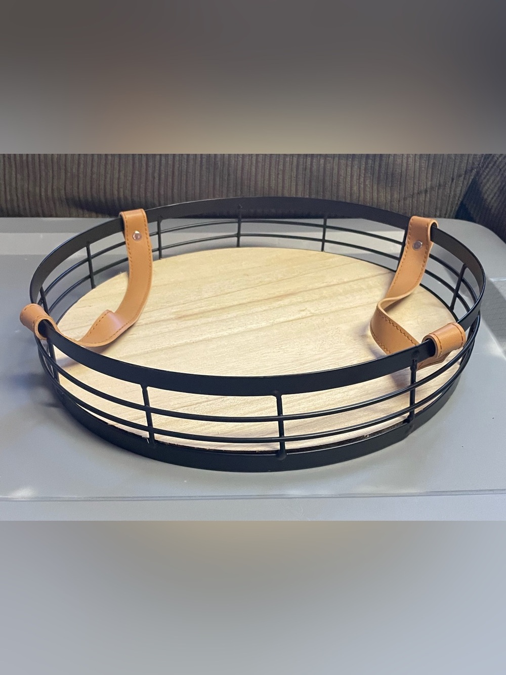 Black Metal and Wood Round Serving Tray with Tan Leather Handles